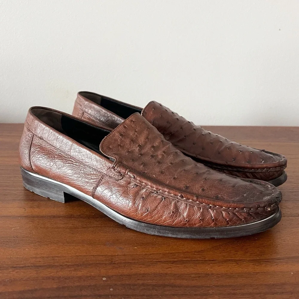 Mezlan Platinum Ostrich Leather Slip On‎ Loafers Brown Men's Size 10